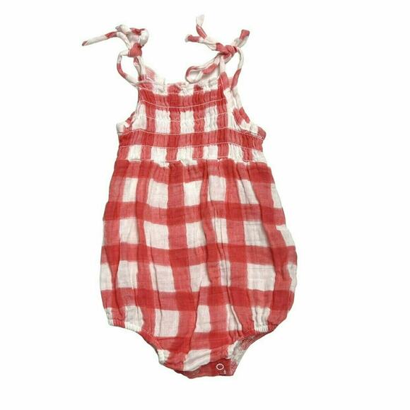 Angel Dear Red Gingham Muslin Tie Romper - Picture 1 of 6